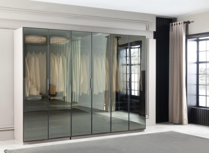 Brown wardrobe for bedroom with storage glass doors